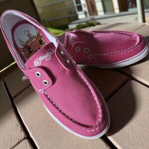 ED HARDY ( 9 ) CHRISTIAN AUDIGIER Embroidered Canvas Boat Shoes/Loafers in Pink